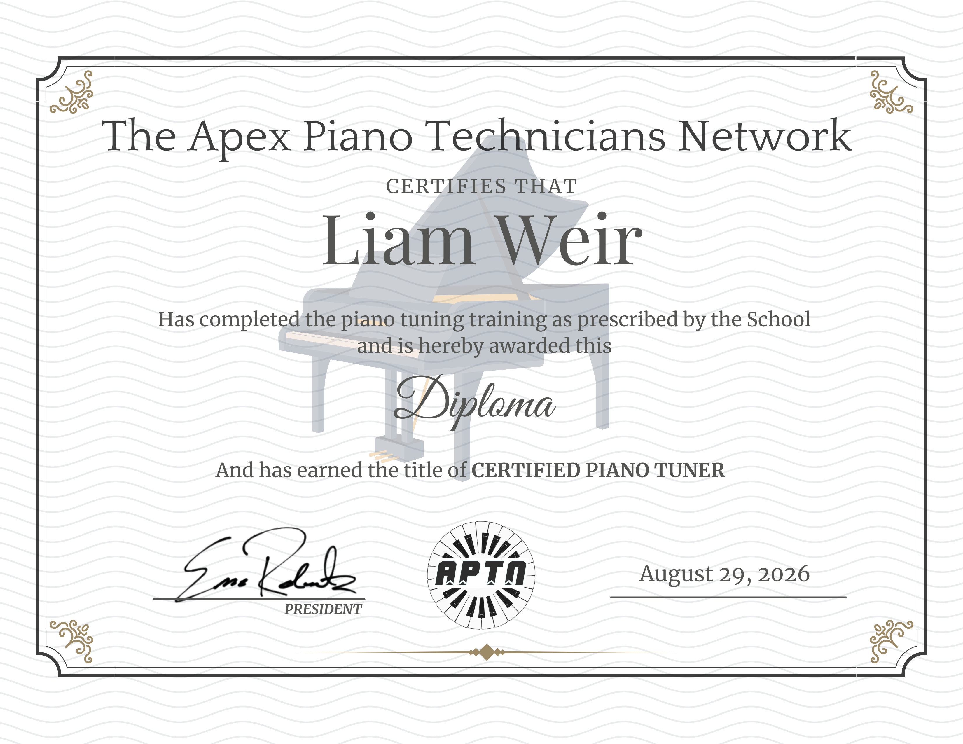 Certified Piano Tuner certificate